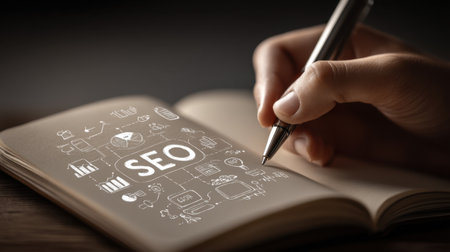 A hand holds a pen above a notebook filled with imaginative SEO drawings and symbols, representing concepts of digital marketing and strategy planning.の素材