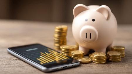 A piggy bank surrounded by coins rests next to a smartphone that displays a financial growth chart. This scene captures modern finance concepts, emphasizing savings and investment strategies.の素材