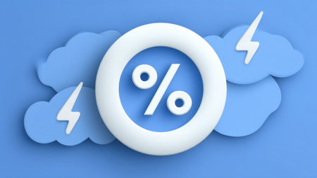 This abstract image features a percentage symbol surrounded by stylized clouds and lightning, creating a dynamic representation of finance and growth concepts.の素材