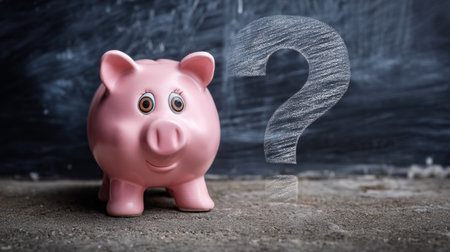 A charming pink piggy bank sits against a dark background, complemented by a chalk-drawn question mark, symbolizing financial uncertainty and saving decisions.の素材