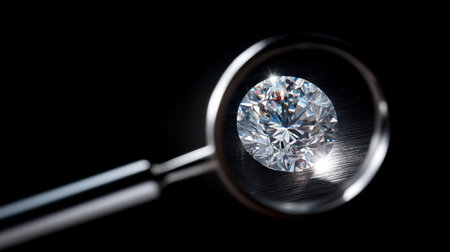 A striking close-up of a round diamond viewed through a magnifying glass, showcasing its intricate facets and captivating sparkle against a dark background.の素材