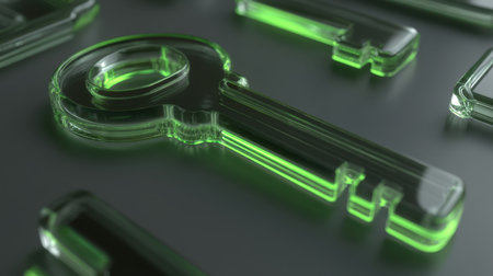 A striking close-up image of a transparent green key resting on a dark surface, perfect for illustrating concepts of security and access.の素材