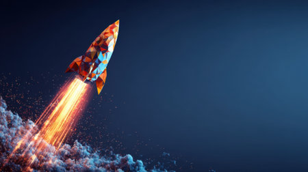 A colorful geometric rocket ascends into the deep blue night sky, leaving a trail of flames and smoke, symbolizing innovation and exploration.の素材