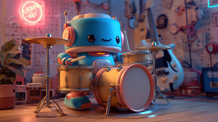 This charming robot drum player brings joy to any music lover. Bright, colorful setting showcases creativity and fun, ideal for playful designs.の素材