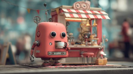 A charming retro robot savoring coffee in a whimsical cafの素材