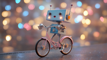 A delightful scene featuring a charming robot toy riding a pink bicycle, set against a vibrant bokeh background that adds a whimsical touch.の素材