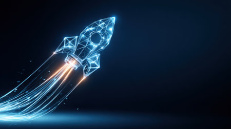 This captivating image shows a futuristic rocket in a digital form taking off with luminous trails against a dark background, symbolizing innovation and technological advancement.の素材