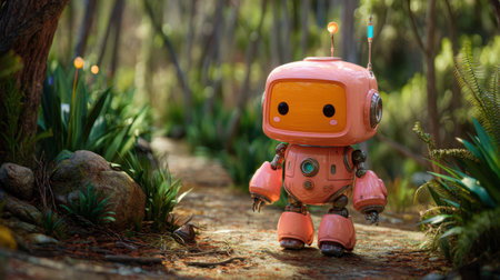 A delightful robot character strolls through a vibrant forest path, surrounded by lush greenery and playful natural elements, exuding charm and wonder.の素材