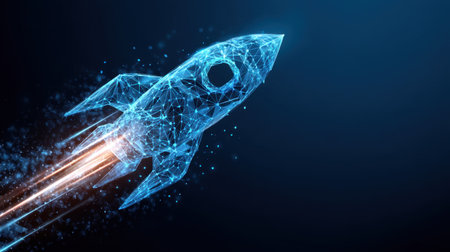 A striking digital representation of a rocket launching into space, showcasing light trails and abstract technology elements against a dark background.の素材