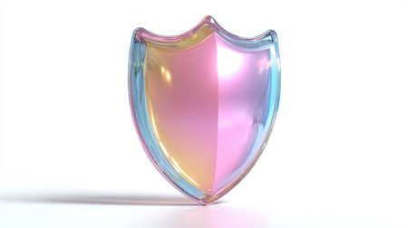 A vibrant 3D shield showcases a glossy finish that reflects light beautifully, representing protection and security in a creative design.の素材