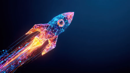 A vibrant, futuristic rocket launch captured through a digital wireframe design. This image symbolizes innovation in technology and space exploration.の素材