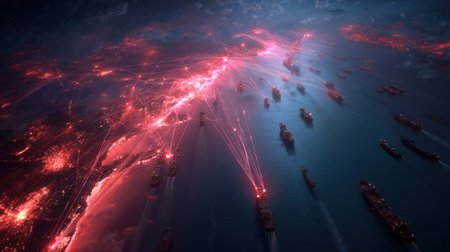 Explore a stunning aerial view showcasing illuminated global shipping routes over the ocean at night, highlighting modern transportation and connectivity.の素材