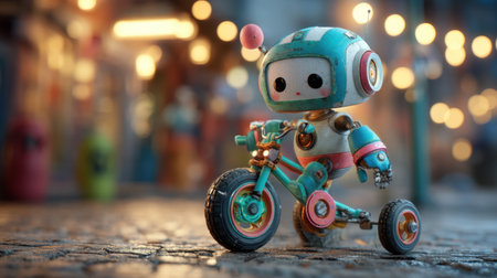 A charming robot character rides a tricycle against a softly lit urban backdrop, evoking a sense of adventure, creativity, and joy.の素材