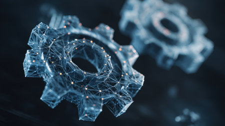 This image showcases an artistic representation of gears interconnected by digital lines, symbolizing innovation and technology in a modern context.の素材
