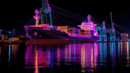 A stunning neon-lit cargo ship docked in a bustling port at night, surrounded by colorful reflections in the calm water, showcasing modern maritime logistics.の素材