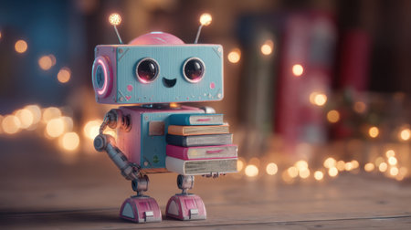 A charming robot character holding a stack of colorful books stands in a warm, inviting room illuminated by soft lights, symbolizing the joy of reading and learning.の素材