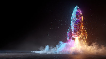 This captivating image showcases a futuristic rocket launching with vibrant colors and smoke, representing innovation and adventure in space exploration.の素材