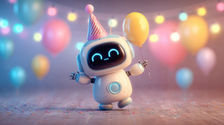 Adorable cartoon robot enjoys a cheerful celebration, wearing a party hat and holding a balloon among vibrant lights and decorations.の素材