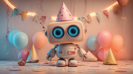 A delightful robot wearing a party hat stands amidst bright balloons and festive decorations, creating a joyful atmosphere perfect for celebrations.の素材