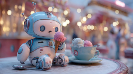 A delightful blue robot savoring a delicious ice cream cone, set in a vibrant amusement park, radiating joy and whimsy. Perfect for cheerful visuals.の素材