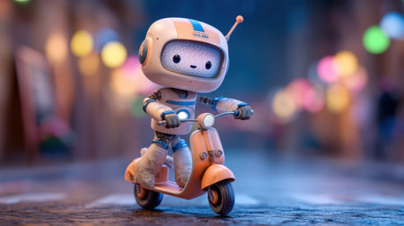 Adorable robot character joyfully riding a retro scooter, captured in a vibrant urban setting, filled with soft ambient lights and playful colors.の素材