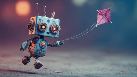 A charming robot sports vintage features as it joyfully flies a colorful kite, capturing the essence of childhood and imagination in a whimsical outdoor scene at dusk.の素材