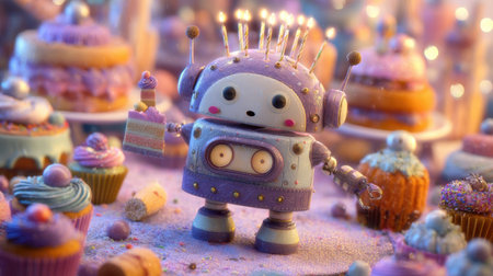 A whimsical robot with a festive touch stands amidst a delightful array of colorful cupcakes and treats, creating a joyful party atmosphere.の素材