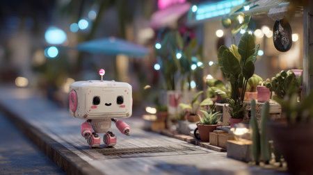 A charming robot explores a vibrant street market. Surrounded by lush plants and colorful lights, this playful scene invites imagination and joy.の素材