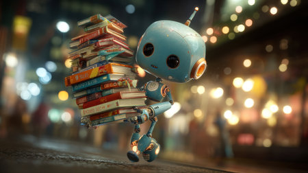 A delightful robot carries a heap of vibrant books in a bustling city at night, capturing the charm of learning and adventure in a futuristic world.の素材