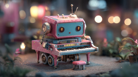 This whimsical scene features a charming robot playing a piano in a dreamy setting, surrounded by colorful plants and soft lighting, ideal for creative projects.の素材