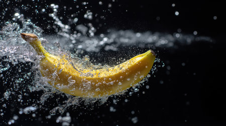 A vibrant yellow banana splashes into clear water against a dark background, creating dynamic bubbles and ripples, showcasing freshness and vitality.の素材