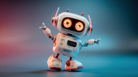 A charming and playful robot character with bright, expressive eyes. Set against a colorful backdrop, this image evokes feelings of joy and innovation, perfect for creative projects.の素材