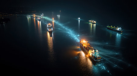 This stunning aerial view captures multiple ships navigating through calm waters at night, illuminated by glowing lights reflecting on the surface.の素材