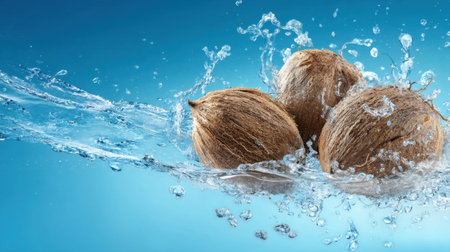 Three fresh coconuts making a dynamic splash in clear water against a bright blue background, evoking feelings of tropical freshness and vitality.の素材