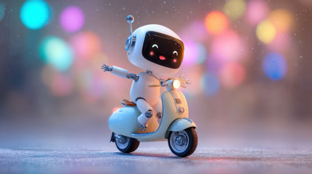 This charming illustration features a playful robot character joyfully riding a scooter. Set against a vivid bokeh background, the scene evokes a sense of fun and adventure in an enchanting urban atmosphere.の素材