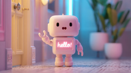 A charming and friendly robot stands in a modern interior, illuminated by soft neon light, exclaiming "hello!" with a welcoming expression.の素材