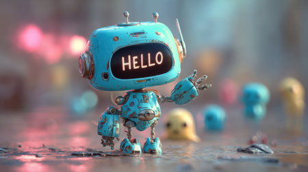 This engaging image features a colorful robot character with a cheerful expression, greeting viewers in a whimsical environment filled with imagination and playfulness.の素材