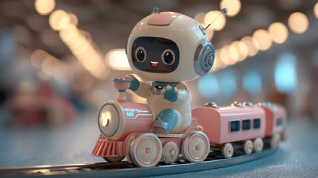 Adorable robot character riding a miniature train, perfect for evoking nostalgia and joy. Bright indoor setting enhances playful atmosphere.の素材