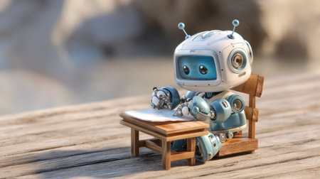 This charming image features a small robot character sitting at a wooden table, engaged in drawing on a sheet of paper, embodying creativity and innocence.の素材