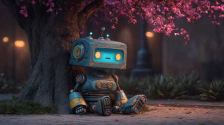 This charming robot character sits under a tree with pink blossoms, creating a tranquil and whimsical outdoor scene full of warmth and creativity.の素材