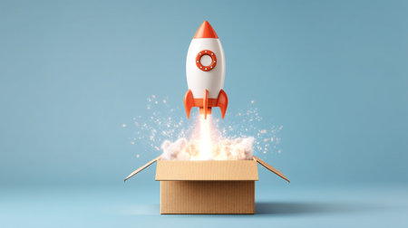 A vibrant scene showcasing a rocket bursting from a cardboard box, symbolizing creativity and innovation. Perfect for themes of potential and new beginnings.の素材