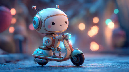 A charming robot character joyfully rides a scooter in a magical environment filled with colorful lights, creating a whimsical and playful atmosphere.の素材