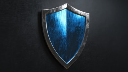 A striking metallic shield design featuring a reflective blue surface and sleek shiny edges against a dark backdrop. Ideal for concepts related to security and protection.の素材