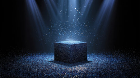 A captivating scene featuring a dark box illuminated by dramatic lighting, surrounded by floating particles, creating an enigmatic and artistic atmosphere.の素材