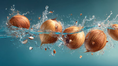A stunning image of fresh hazelnuts splashing into clear water, creating a lively scene with droplets and nuts in motion, ideal for food-related designs.の素材
