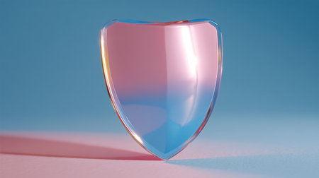 A stunning transparent shield showcasing a beautiful gradient of blue and pink hues on a smooth modern surface, perfect for artistic displays.の素材