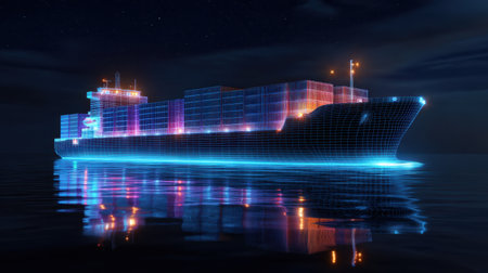 A stunning futuristic container ship illuminated with neon lights sails gracefully through calm waters, creating an enchanting atmosphere at night.の素材