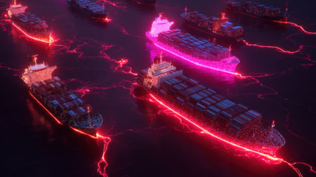 A captivating scene shows illuminated cargo ships navigating dark waters, leaving vibrant electric trails behind them, symbolizing modern shipping.の素材