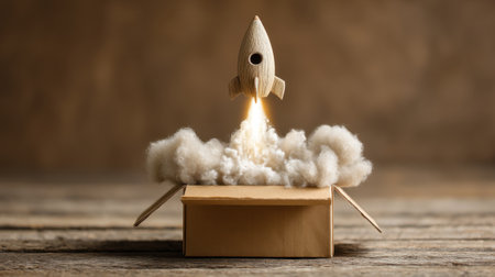 A whimsical wooden rocket bursts forth from a cardboard box, surrounded by fluffy clouds, symbolizing creativity and adventurous thinking in a warm rustic setting.の素材
