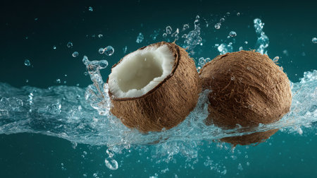 This stunning image features coconuts splashing in clear water, creating dynamic bubbles that evoke freshness and tropical vibes. Perfect for culinary and healthy lifestyle themes.の素材
